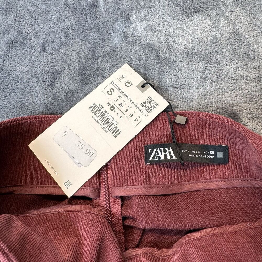 Zara Sz S Mini Skirt Ruched Corduroy Medium Burgundy Red Draped Ruffle Career - Picture 5 of 9